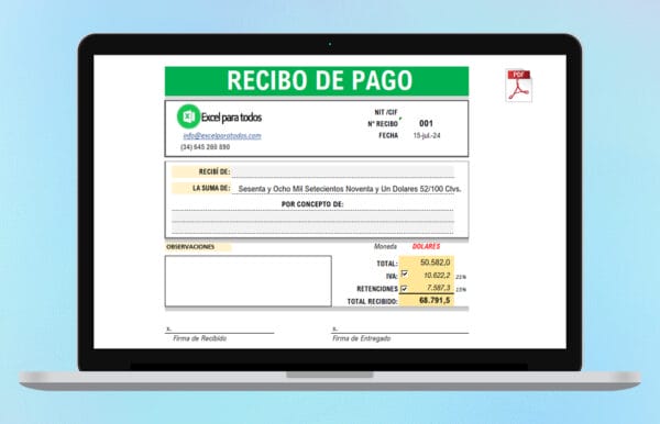 Plantilla Recibo de Pago en Excel y PDF - Descarga Gratis