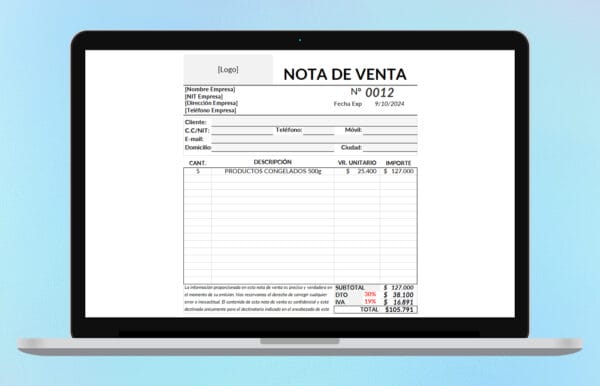 Formato Nota de Venta en Excel y PDF - Descarga Gratis