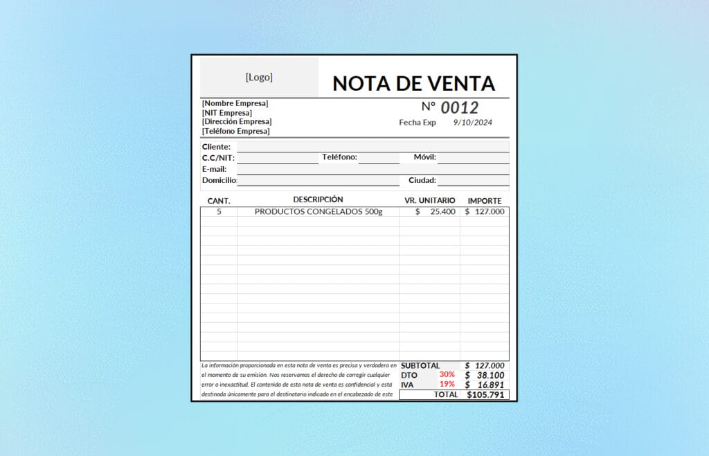 Formato Nota de Venta en Excel y PDF - Descarga Gratis