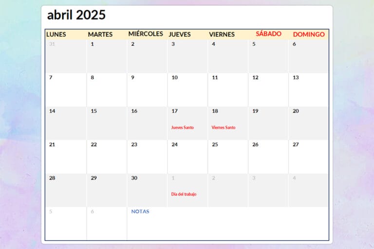Calendario Colombia 2025 con Festivos Imprimir PDF y Excel