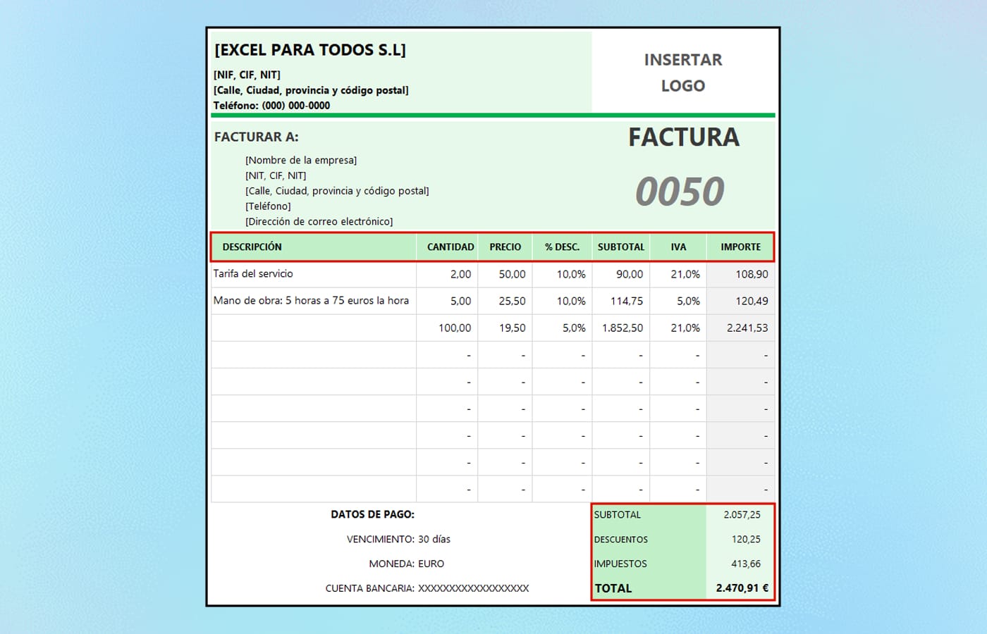 Plantilla Factura Con IVA Y Descuento Descarga En Excel
