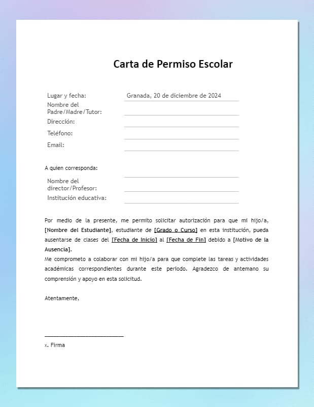Carta de Solicitud de Permiso Escolar