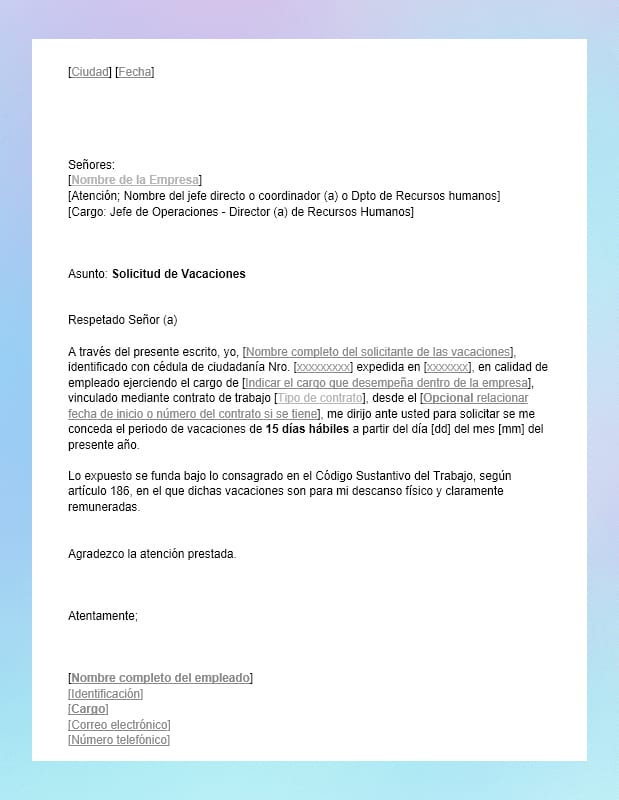 Carta de Solicitud de Vacaciones en Word
